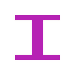 Illustration of a single magenta letter i centered on a white background with simple blocky rectangular shapes