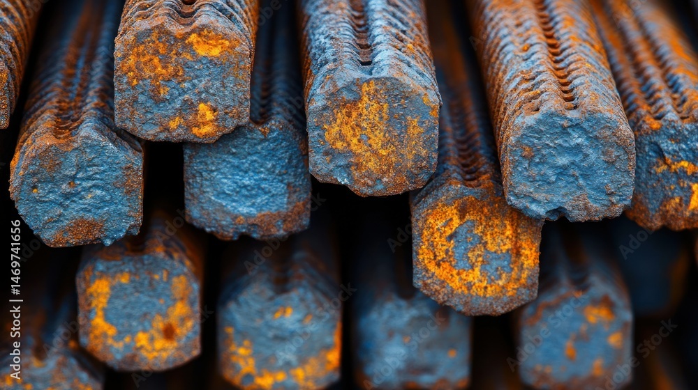 Poster stacked rusty steel rebar. close-up view of rusty reinforcement bars