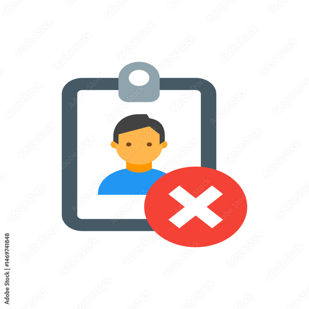 Poster clipboard with person icon and red x mark indicating rejection or denial of the application form sho
