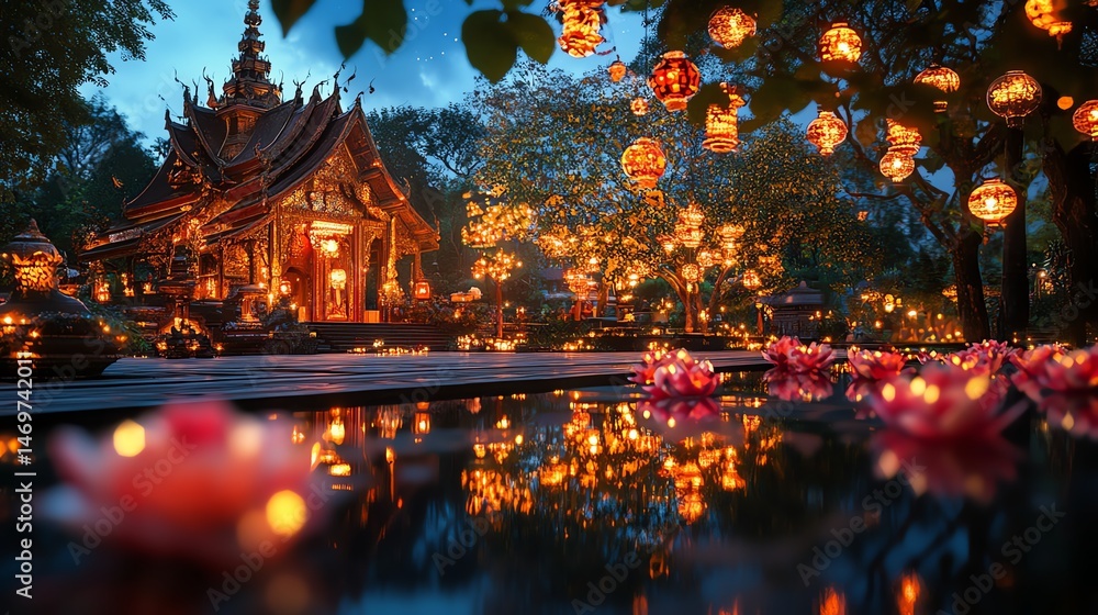 Aufkleber a serene temple illuminated by floating lanterns.