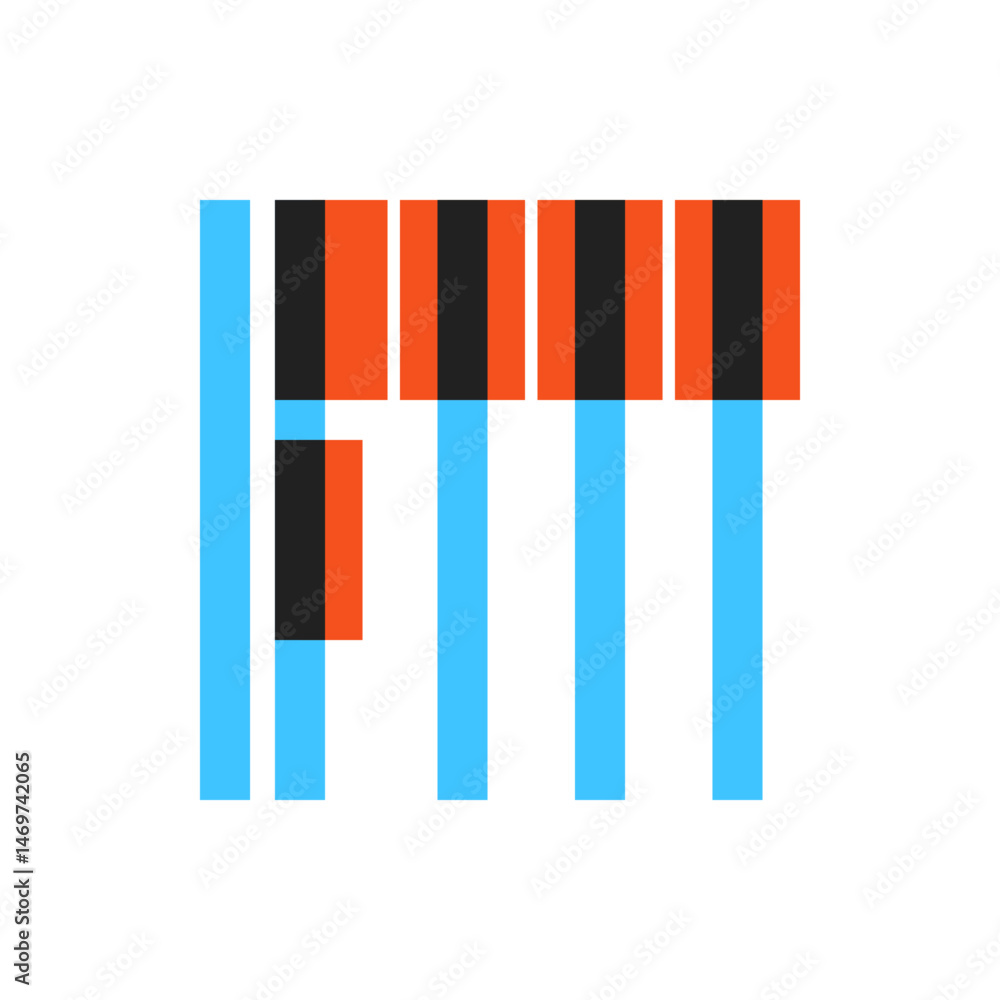 Poster arrangement of blue, black, and orange rectangles in a row on a white background creating a pattern