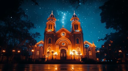 Obraz premium Night church architecture with starry sky, night church scene glowing with light and night church architecture beauty. Stunning illuminated church at night.