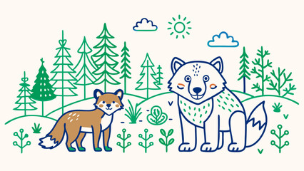 Obraz premium A stylized red fox stands against a forest landscape. The fox is surrounded by a coniferous or mixed forest: trees, bushes, mushrooms and grass. Suitable for children's books, environmental projects.