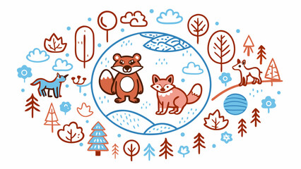 Fototapeta premium A stylized red fox stands against a forest landscape. The fox is surrounded by a coniferous or mixed forest: trees, bushes, mushrooms and grass. Suitable for children's books, environmental projects.