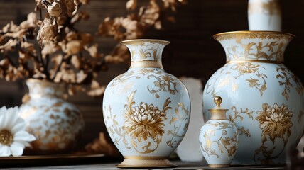 Beautiful gold and white porcelain vase row  on a pastel background.