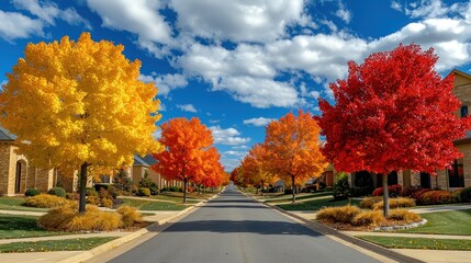 Suburban autumn landscape showcasing colorful foliage-lined streetscape