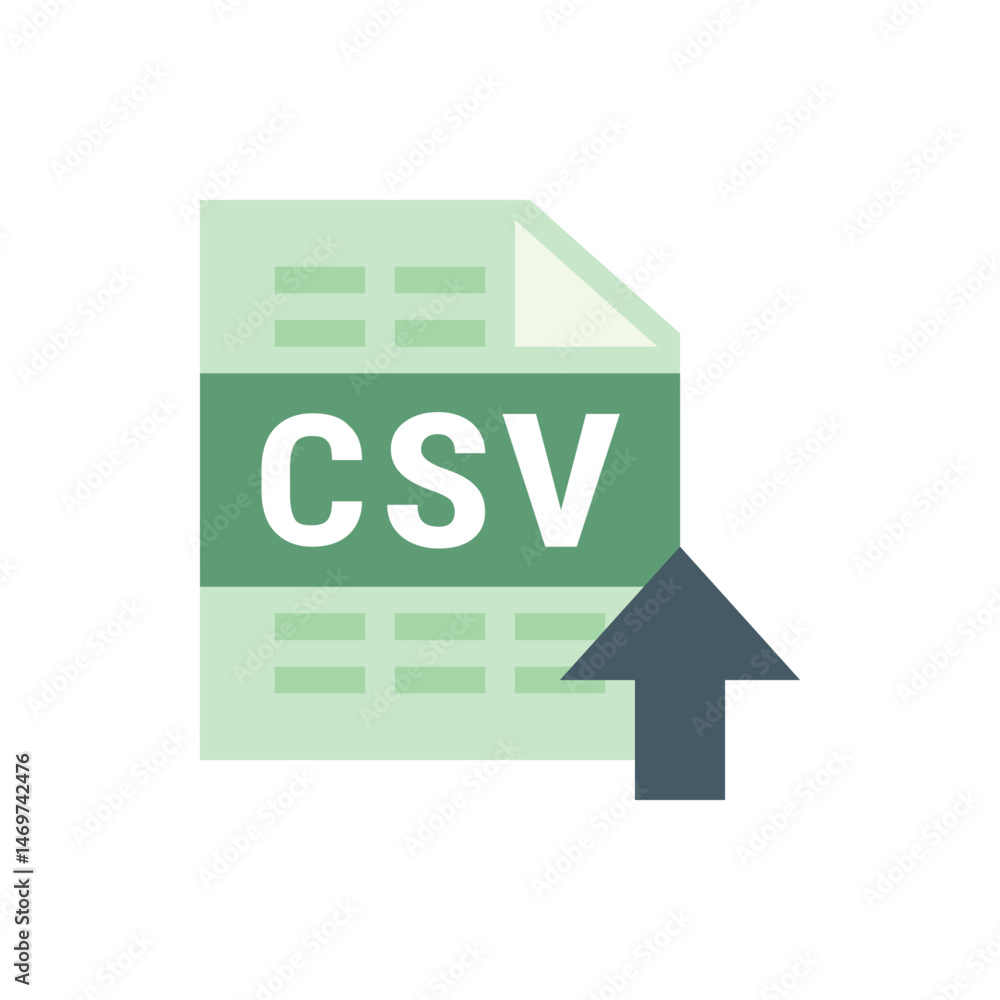 Poster illustration of a csv file icon with an upward pointing arrow indicating uploading or importing the 