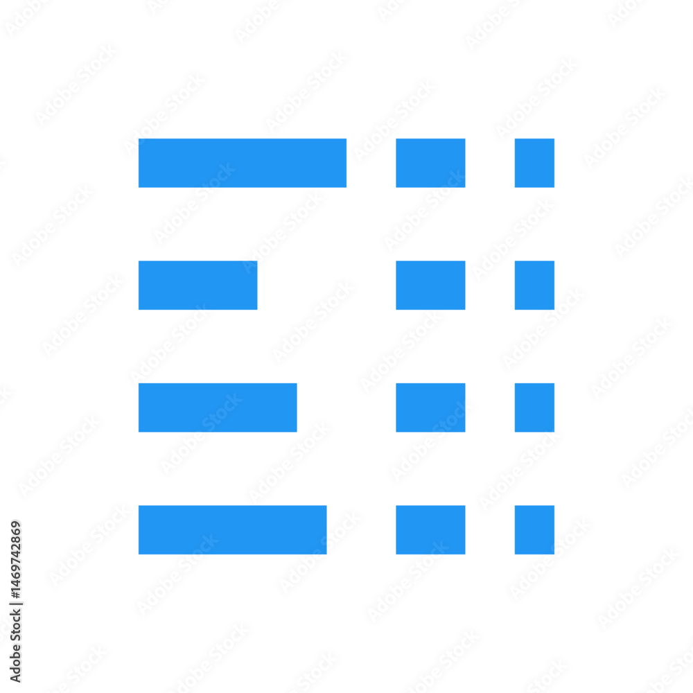 Poster arrangement of blue horizontal rectangles of varying lengths on a white background creating a grid l