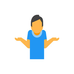 Person with dark hair in a blue shirt shrugging with both arms extended and palms up in a gesture of uncertainty