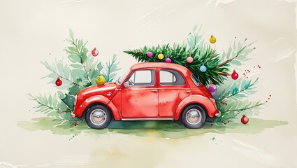 A festive watercolor banner featuring a classic red vintage car carrying a Christmas tree on its roof — capturing holiday nostalgia, seasonal charm, and joyful winter spirit in artistic style