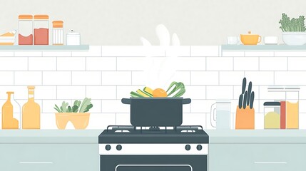 Boiling Veggies with Cozy Kitchen Scene.
