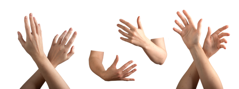 Both hands crossing in a warm embrace, symbolizing love and care. Graceful gesture showing bond and