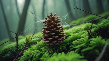 Pine Cone Resting on Moss with Spiderweb in Forest Scene