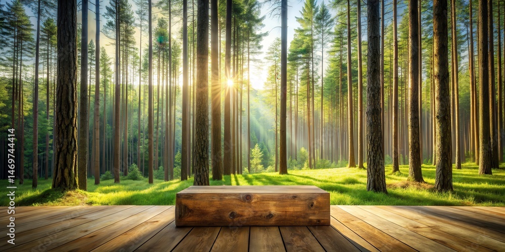 Aufkleber serene sunrise in a lush pine forest with a rustic wooden display platform