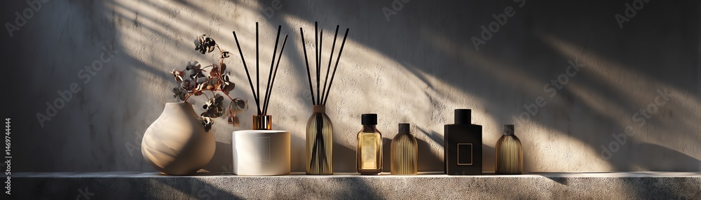 Poster aesthetic display of fragrant items in sunlight.