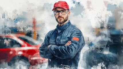 Focused mechanic in workwear, depicted with artistic style.