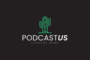 microphone podcast with cactus desert outline modern logo design for broadcasting, radio, music, studio, and podcast company business