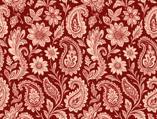 seamless hand drawn paisley and flower pattern on red background. Red paisley pattern design