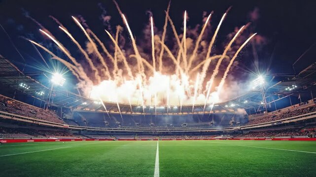 Soccer football stadium with lights Fireworks launching exploding celebration, Loop