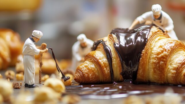 Miniature chefs decorating giant croissant with chocolate ganache funny food concept