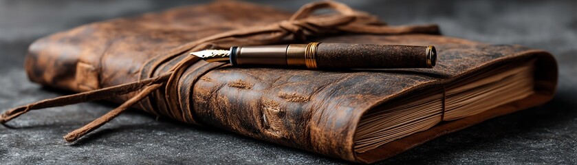 Antique leather journal with a fountain pen.