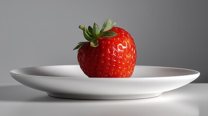 Single, vibrant red strawberry on a white plate