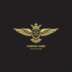 Golden winged shield with crown logo  symbol