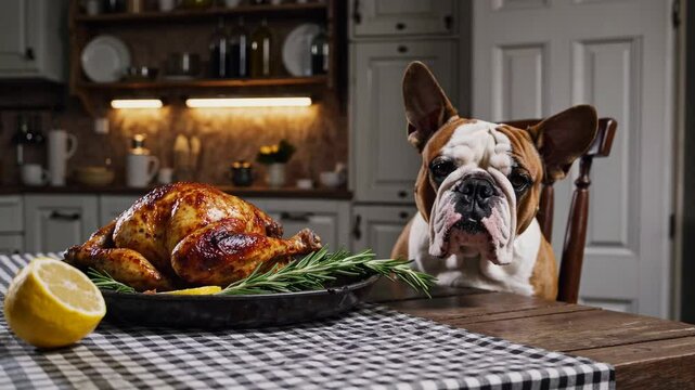 Curious dog eyeballing delicious roast chicken in cozy kitchen setting