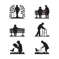Black Silhouette Icons of Elderly People Walking Sitting Reading Feeding Birds and With Caregivers