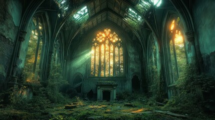 Sunbeams pierce a forgotten church, overgrown with nature's embrace