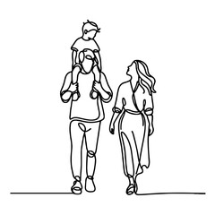 Obraz premium Family walking together, child on his father's shoulders, vector, black line drawing, minimalistic, single line, simple line, isolated, transparent background 