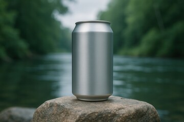 Naklejka premium Blank aluminum can standing on rock by river in nature