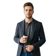 Stylish young man holding coffee cup in casual attire isolated on white background portrait photo on transparent background