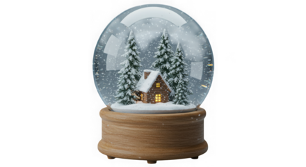Snow globe with house and trees isolated on white background