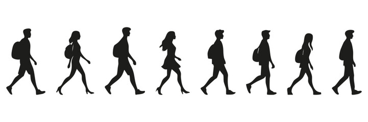 Obraz premium Silhouettes Of Walking People With Backpacks. Urban Commuters And Students In Motion. Isolated Vector Illustration Collection