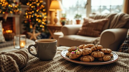 Fototapeta premium Festive Comfort: Cozy Living Room with Coffee and Cookies