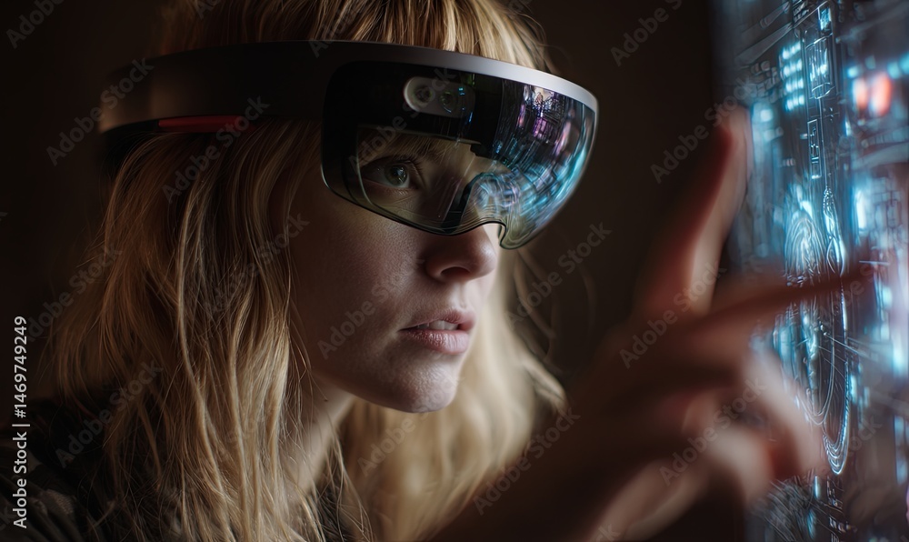 Poster woman using augmented reality headset to interact with digital interface