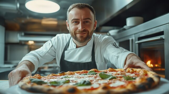 A focused shot of a friendly chef presenting a freshly baked pizza.