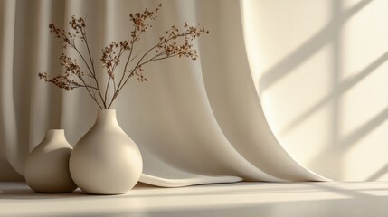 Elegant Minimalist Still Life with Vases and Dried Flowers Against Soft Drapery and Light Shadows
