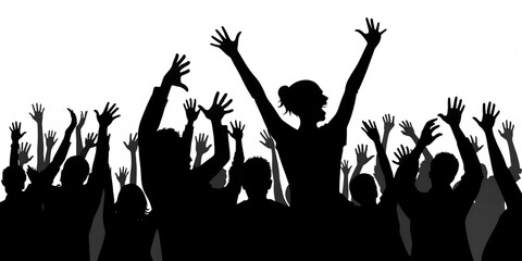 black white excited crowd with raised hands isolated on white background, PNG