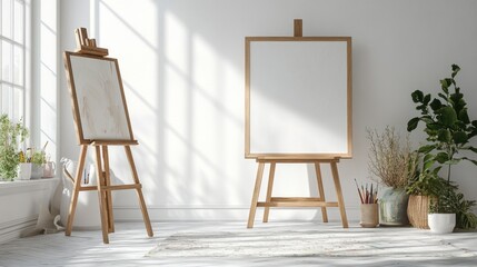 Bright and Cozy Art Studio with Wooden Easels and a Spacious Natural Light Environment