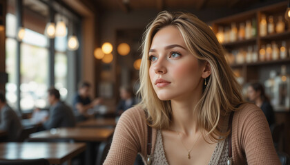 Obraz premium Thoughtful Blonde Woman in Cafe: A young woman with blonde hair and blue eyes sits pensively in a cafe, lost in thought.