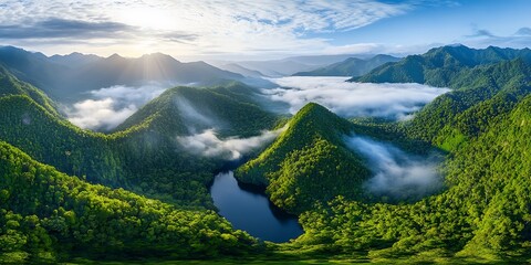 Obraz premium Panoramic drone view of lush rainforest landscape vibrant nature scenic environment