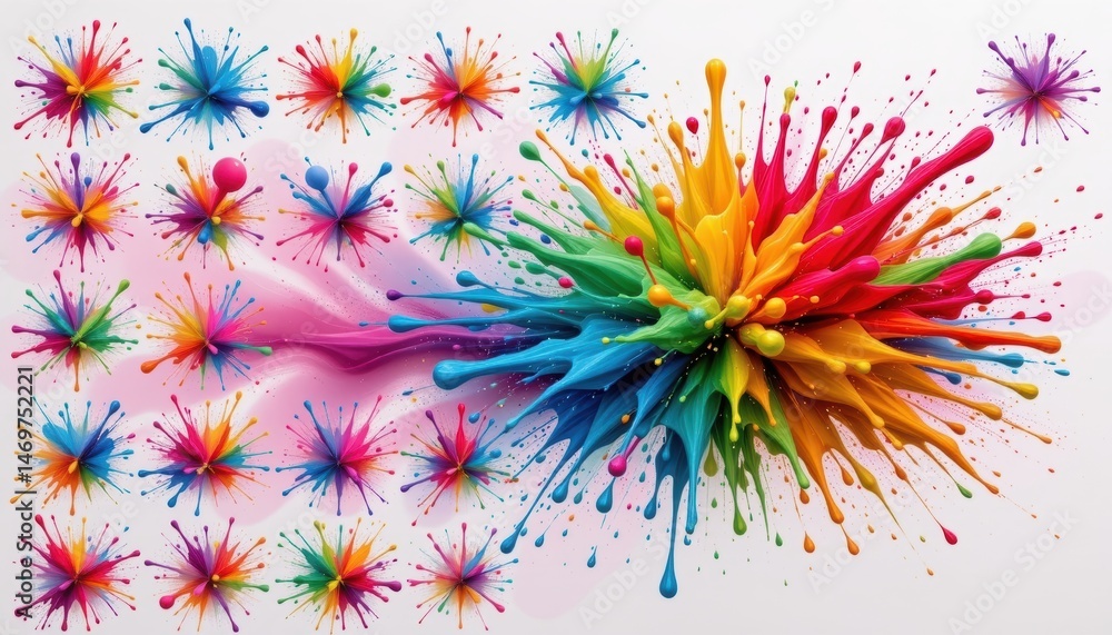 Poster burst of colorful paint splash creating dynamic abstract artwork on white background
