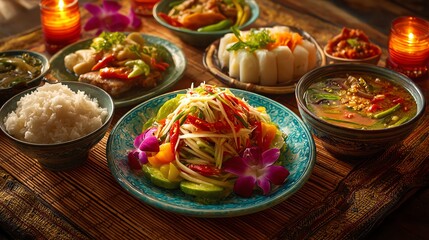 Colorful Asian cuisine served on rustic table.