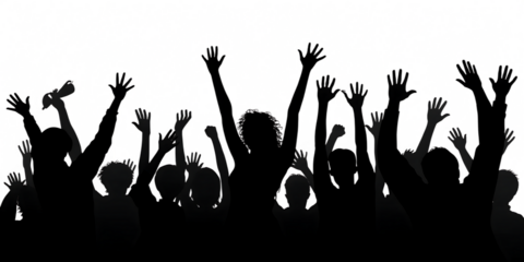 black white excited crowd with raised hands isolated on white background, PNG