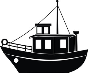 A vector silhouette illustration shows a sailing ship and a fishing boat on the open sea, representing nautical transportation