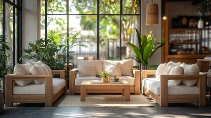 Fototapeta premium Modern Living Room with Natural Light, Cozy Sofa Seating, Indoor Plants, and Elegant Wood Furniture Design