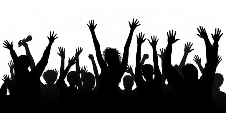 black white excited crowd with raised hands isolated on white background, PNG