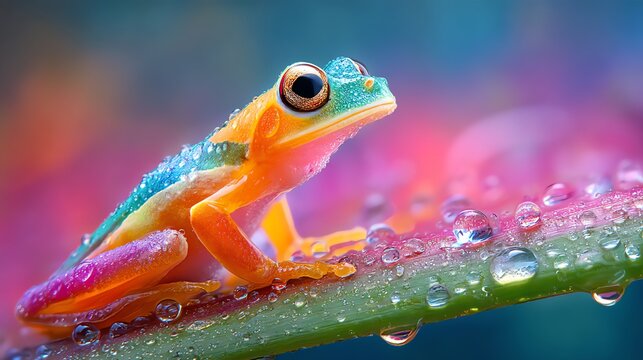 Colorful frog perched on a vibrant leaf.